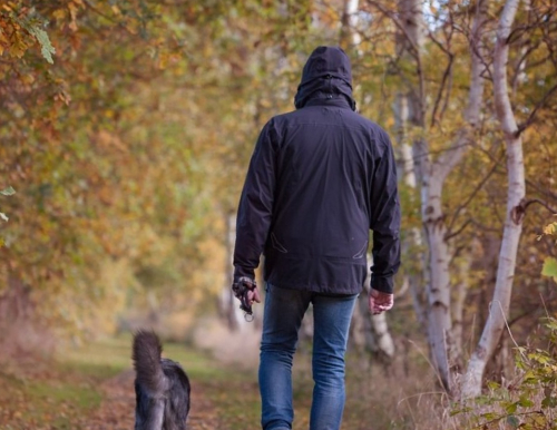 мужчина гуляет с собакой